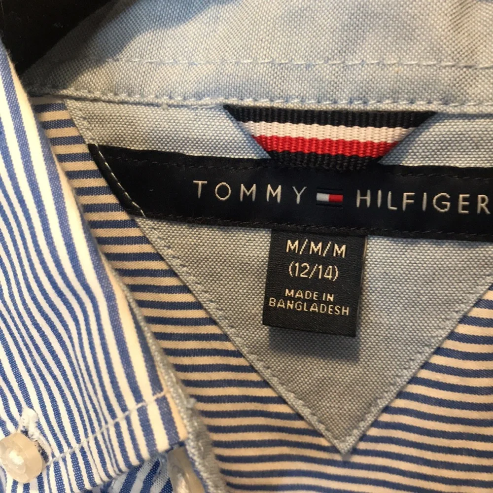 Tommy Hilfiger button‎ down Oxford blue & white stripes boys shirt size L NWT